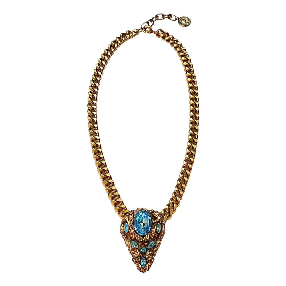 Vintage Ornate Edwardian Czech Gold Aquamarine Dress Clip Necklace